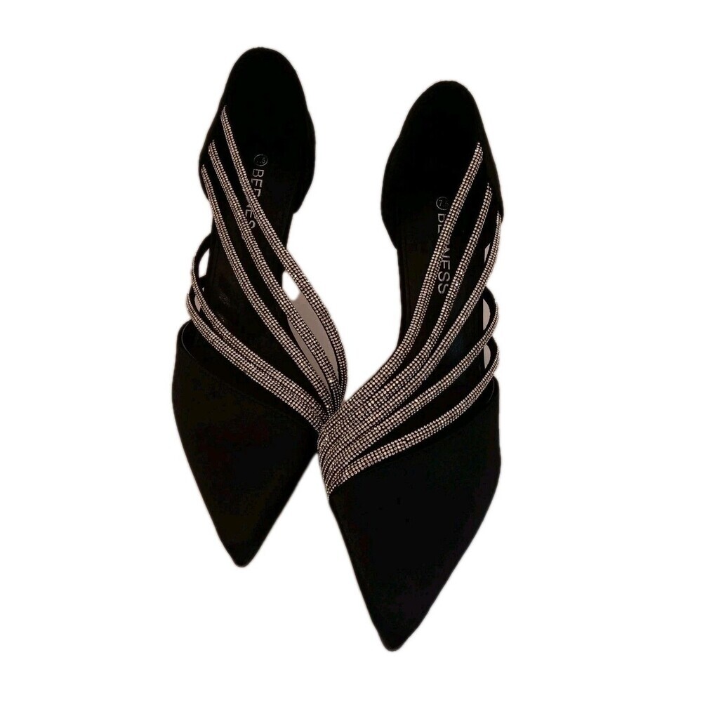 Berness Black Satiny Pointed Toe 2.5" Pumps with Rhinestone Cross Strap size 7.5